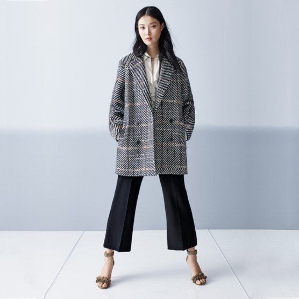Theory Graphic Tweed Double Breasted Wool Blend Coat